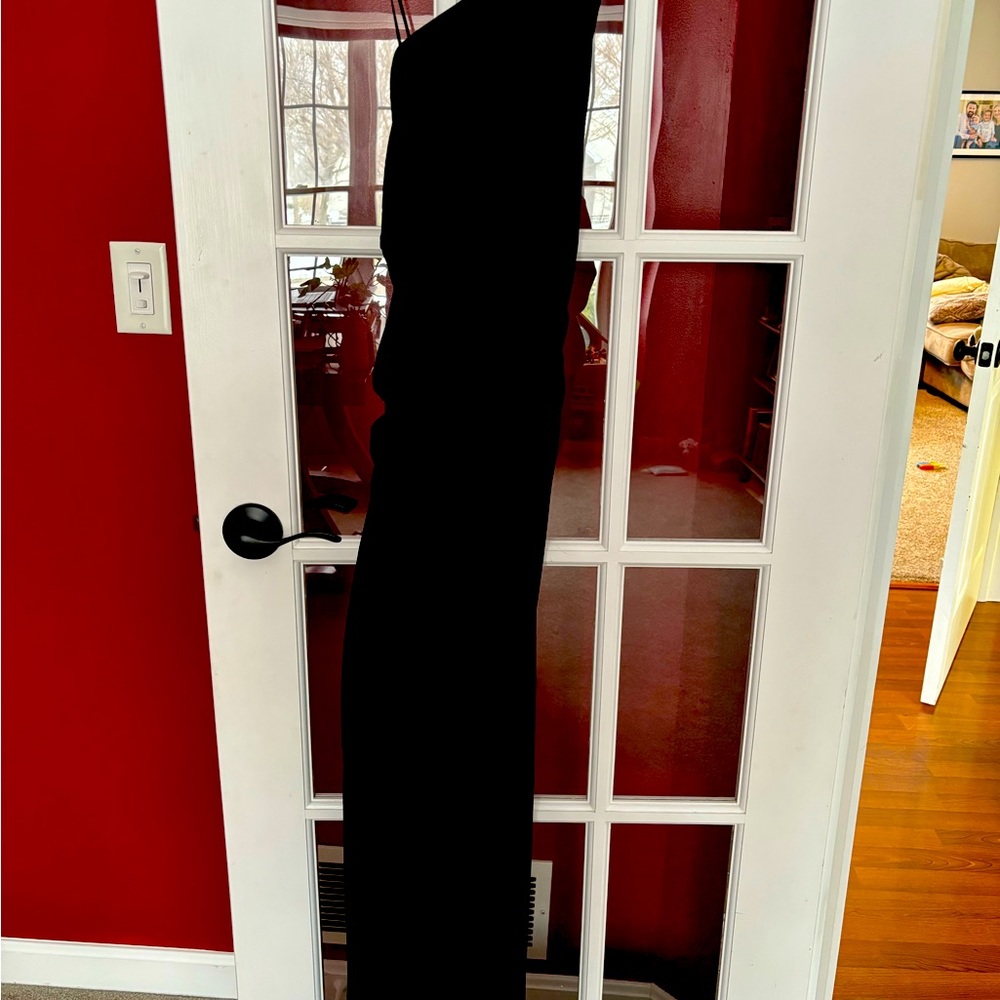 FABS Allen Schwartz black dress, floor length. One shoulder, w/ scrunched detail
